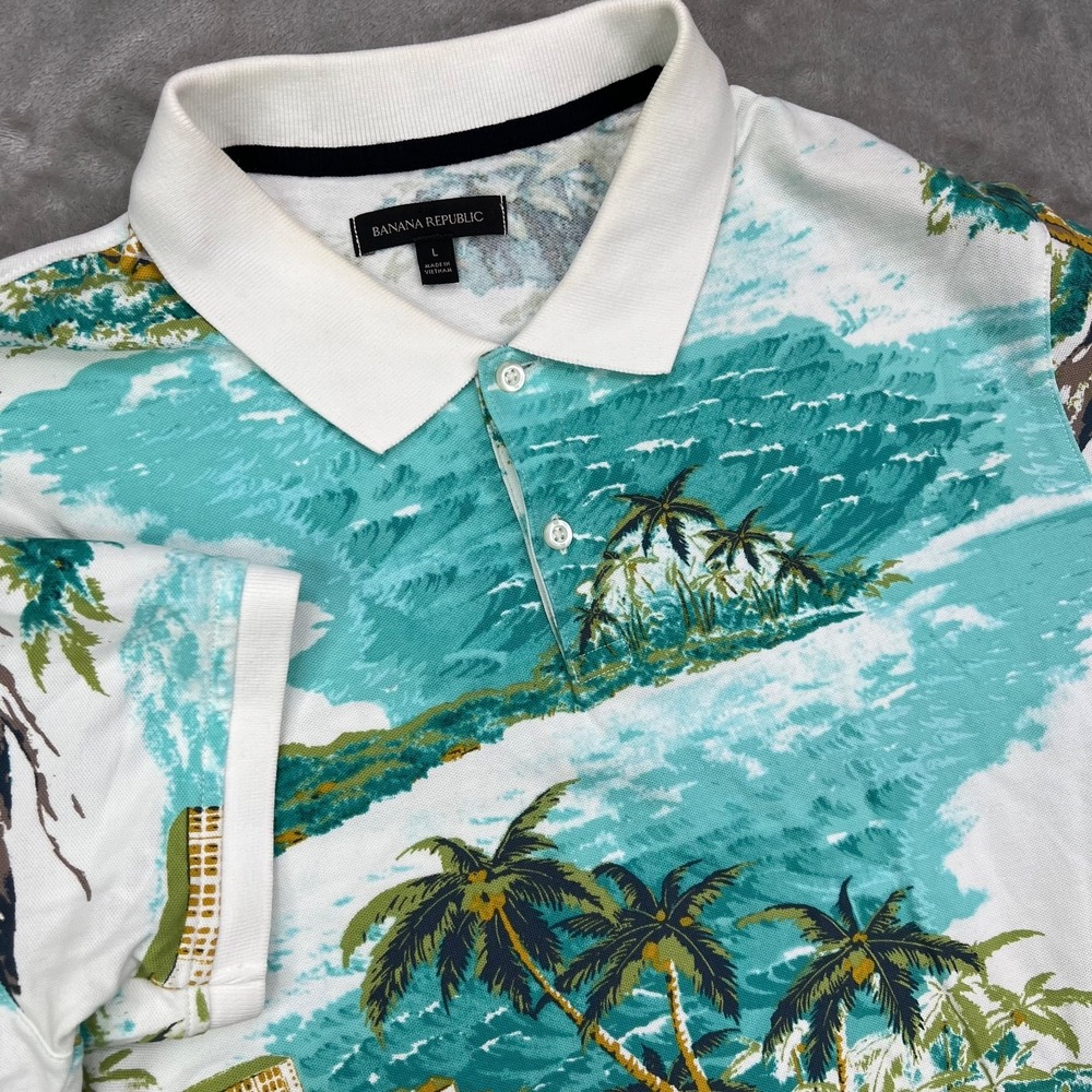 J Crew‎ Pique Landscape Polo Shirt Mens Large Beach Paradise Vacation Coastal